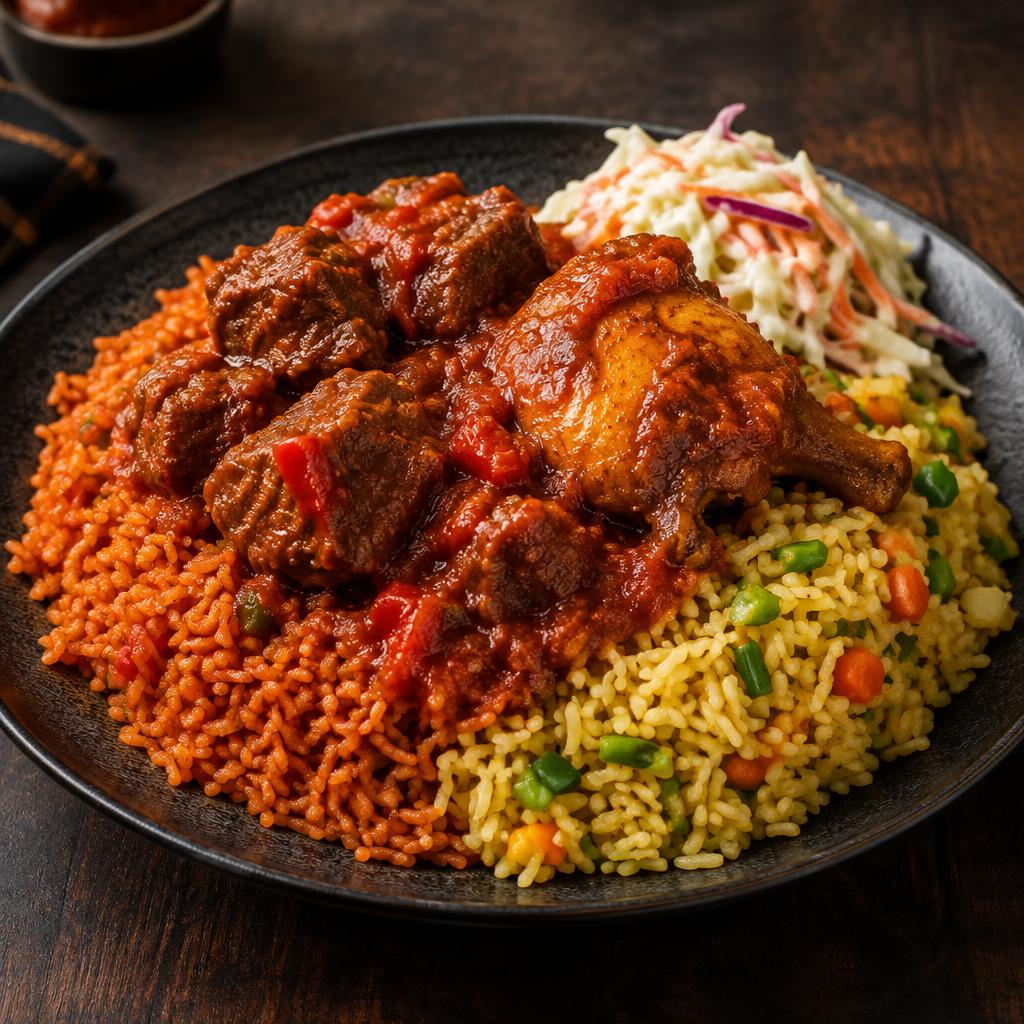 Jollof Fried rice combo with beef/chicken sauce (coleslaw)